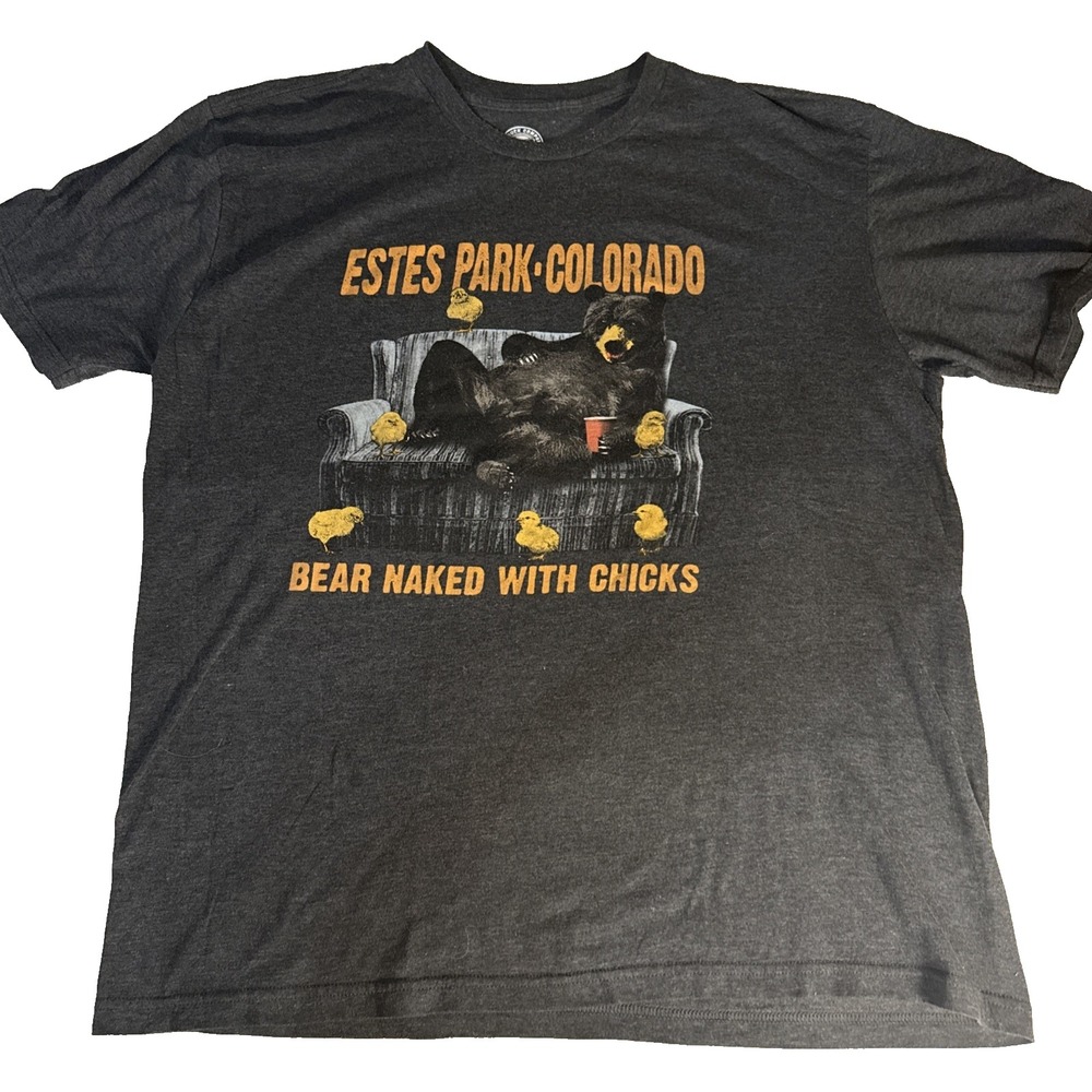 The Duck Co Estes Park CO Bear Naked With Chics T-Shirt Gray Mens Size XL Funny